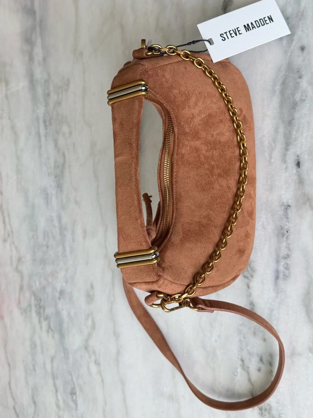 Steve Madden NWT Bpauley 2 Suede Shoulder Bag Latte Brown Gold Chain
